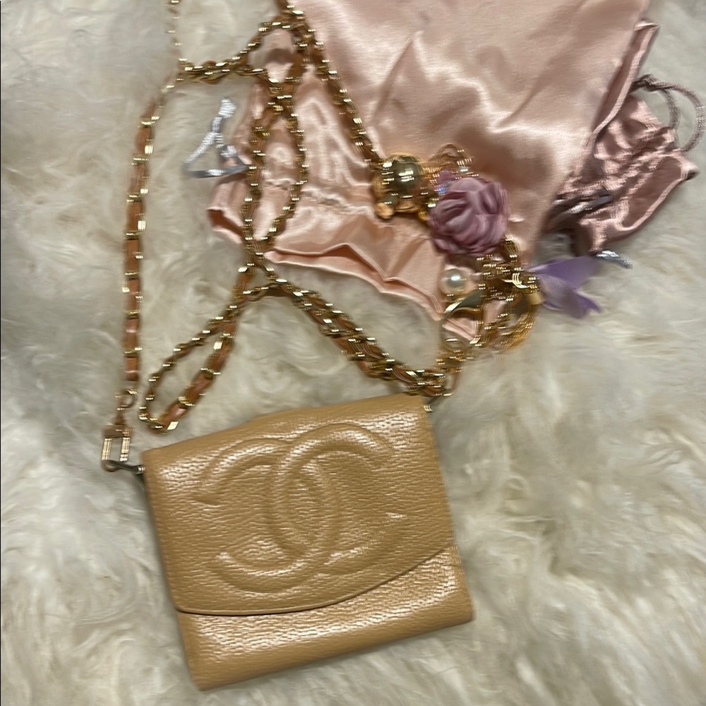 Chanel Tan Crossbody Bag with Gold Chain and Iconic Logo